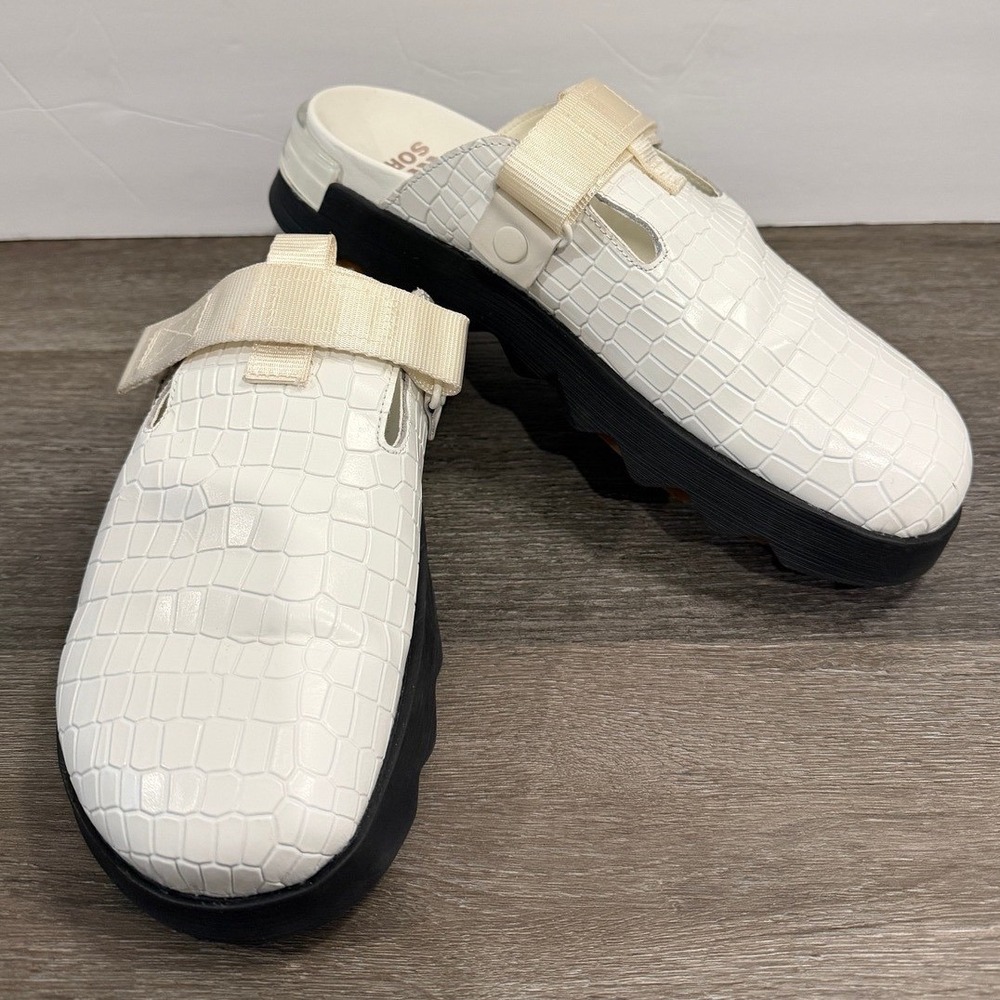 Sorel Ona Streetworks Clogs Sea Salt White Croc Platform Mules Adjust Strap 9.5